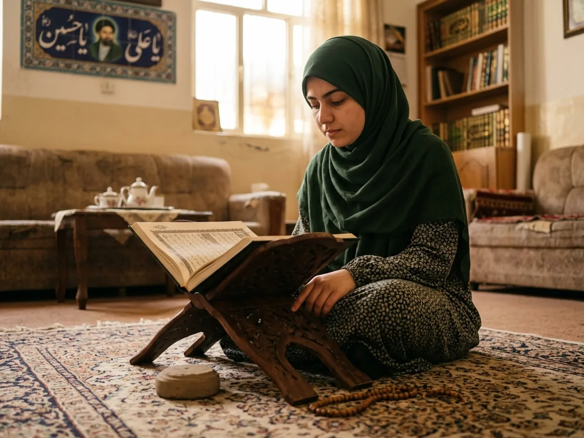 Shia student studying the Holy Quran respectfully on a wooden rehal with prayer beads and Turbah
