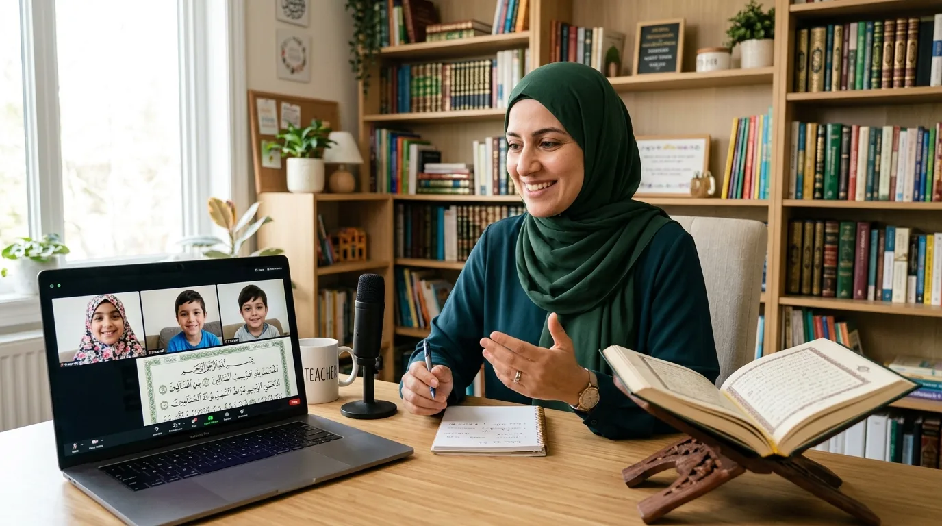 Female Shia Quran teacher conducting a live online class for a young student